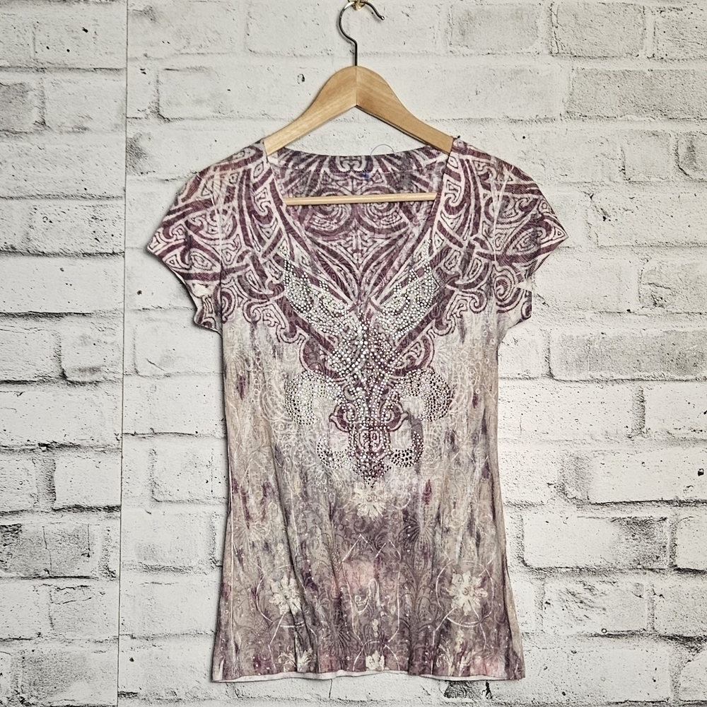 Y2K Paisley Rhinestone Embellished Top Purple Boho Retro Tee Size Small